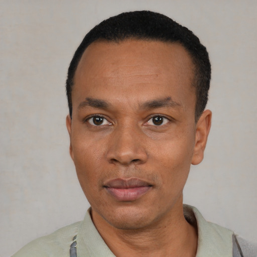 Neutral black adult male with short  black hair and brown eyes