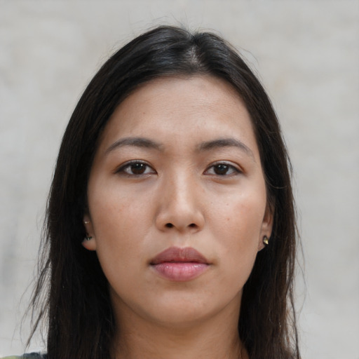 Neutral asian young-adult female with long  brown hair and brown eyes