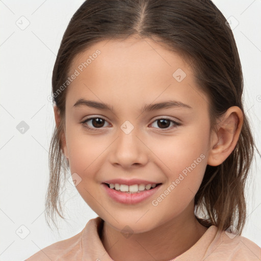 Joyful white child female with medium  brown hair and brown eyes