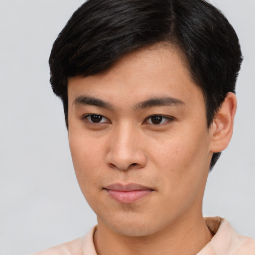 Neutral asian young-adult male with short  brown hair and brown eyes