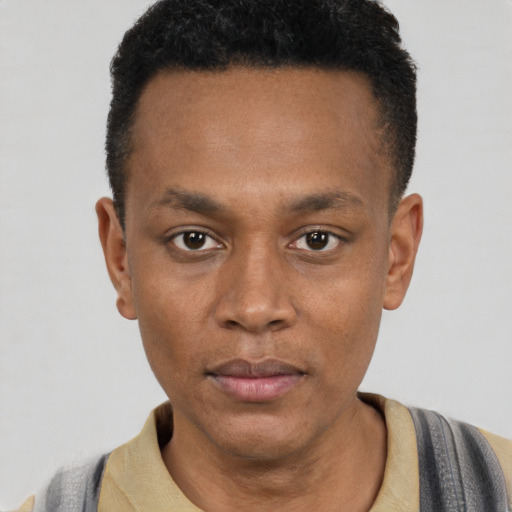 Neutral black young-adult male with short  black hair and brown eyes