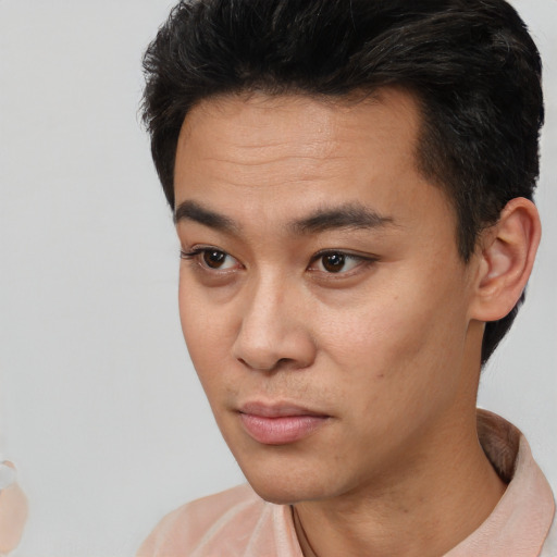 Neutral asian young-adult male with short  black hair and brown eyes