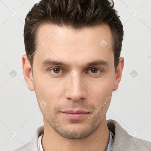 Neutral white young-adult male with short  brown hair and brown eyes