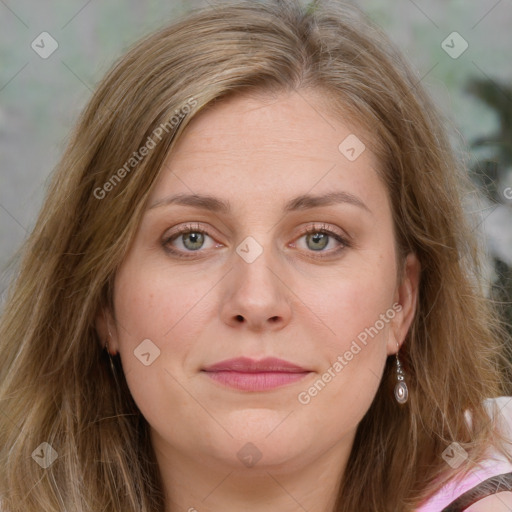 Joyful white young-adult female with medium  brown hair and green eyes