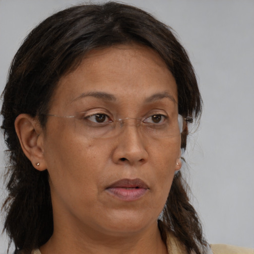 Neutral white adult female with medium  brown hair and brown eyes