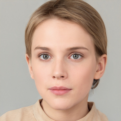 Neutral white young-adult female with short  brown hair and grey eyes