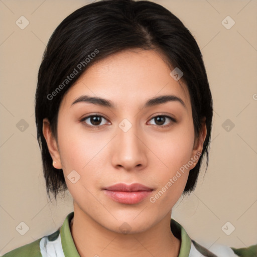 Neutral white young-adult female with medium  brown hair and brown eyes