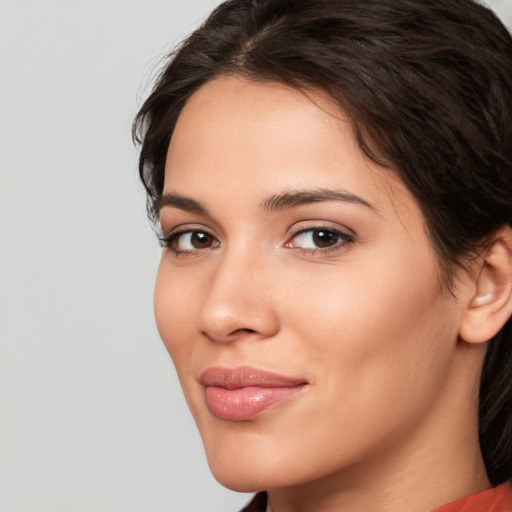 Neutral white young-adult female with medium  brown hair and brown eyes