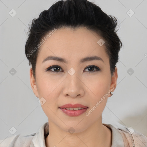 Joyful asian young-adult female with short  black hair and brown eyes