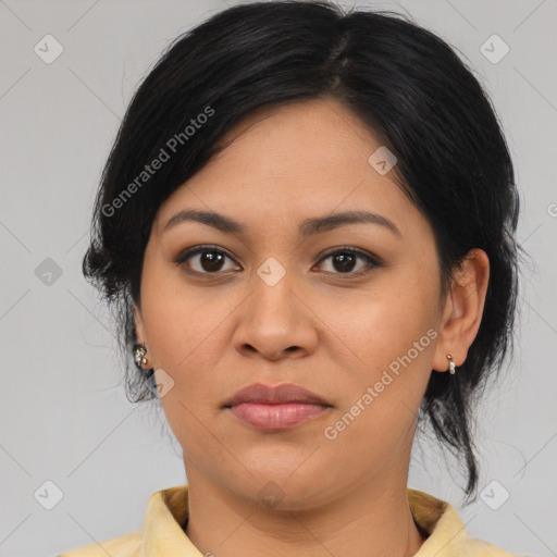 Joyful asian young-adult female with medium  black hair and brown eyes