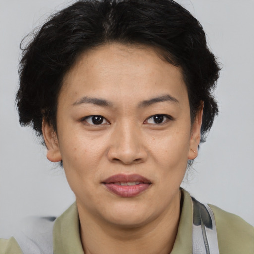 Joyful latino adult female with short  brown hair and brown eyes