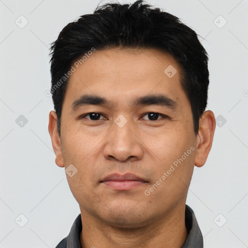 Neutral asian young-adult male with short  black hair and brown eyes