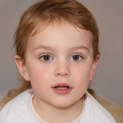 Neutral white child female with medium  brown hair and blue eyes