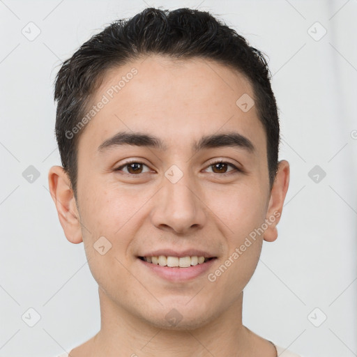 Joyful white young-adult male with short  brown hair and brown eyes