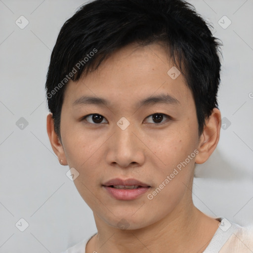 Neutral asian young-adult female with short  black hair and brown eyes