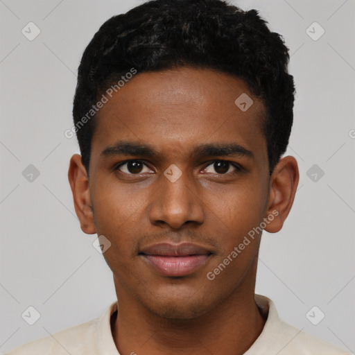 Neutral latino young-adult male with short  black hair and brown eyes