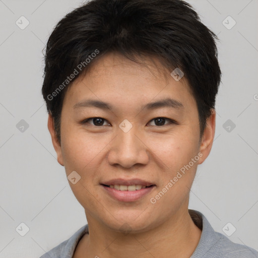 Joyful asian young-adult female with short  brown hair and brown eyes