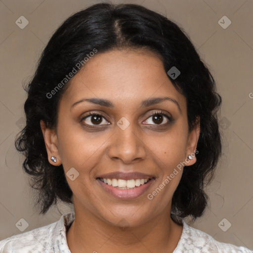 Joyful black young-adult female with medium  brown hair and brown eyes