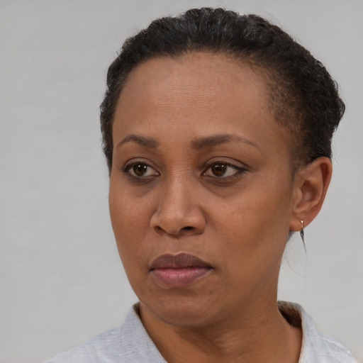 Neutral black adult female with short  brown hair and brown eyes