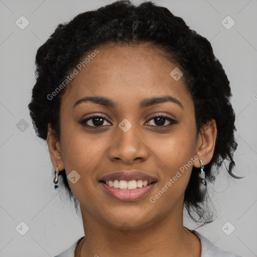 Joyful latino young-adult female with short  black hair and brown eyes