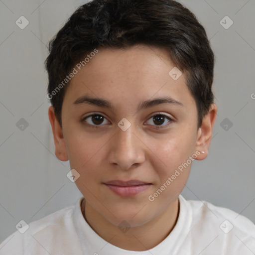 Joyful white child female with short  brown hair and brown eyes