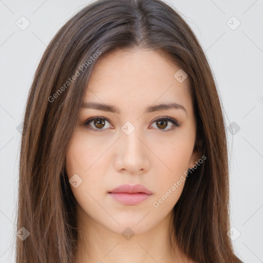 Neutral white young-adult female with long  brown hair and brown eyes