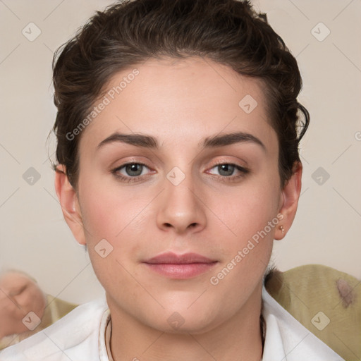 Neutral white young-adult female with short  brown hair and brown eyes