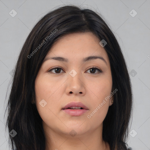 Neutral asian young-adult female with medium  brown hair and brown eyes