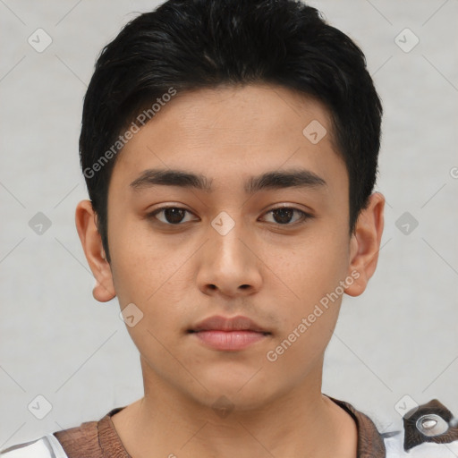 Neutral latino young-adult male with short  black hair and brown eyes