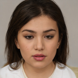 Neutral white young-adult female with medium  brown hair and brown eyes