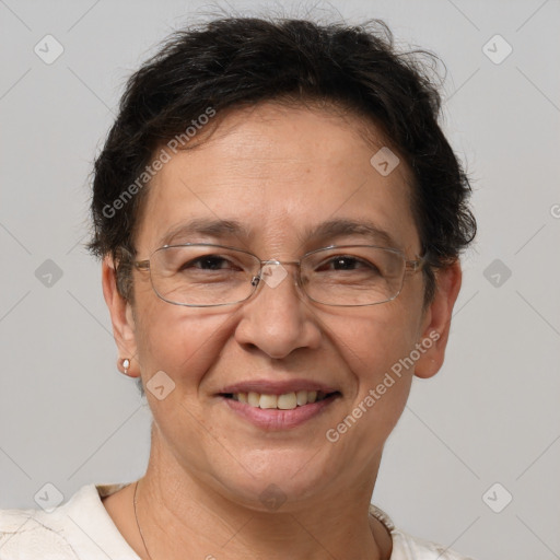 Joyful white adult female with short  brown hair and brown eyes