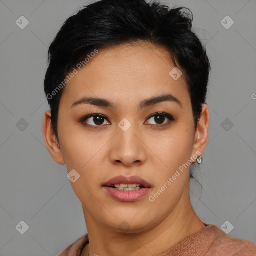 Neutral latino young-adult female with short  black hair and brown eyes