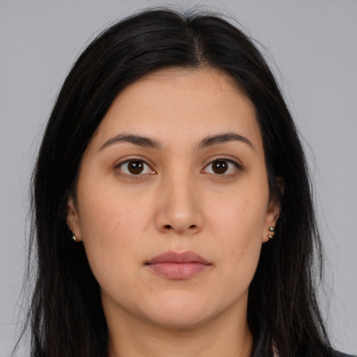 Neutral asian young-adult female with long  brown hair and brown eyes