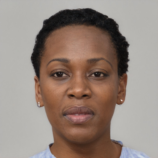 Neutral black adult female with short  black hair and brown eyes