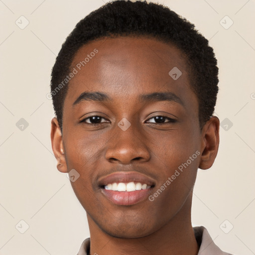 Joyful black young-adult male with short  brown hair and brown eyes