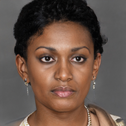 Neutral latino young-adult female with short  black hair and brown eyes