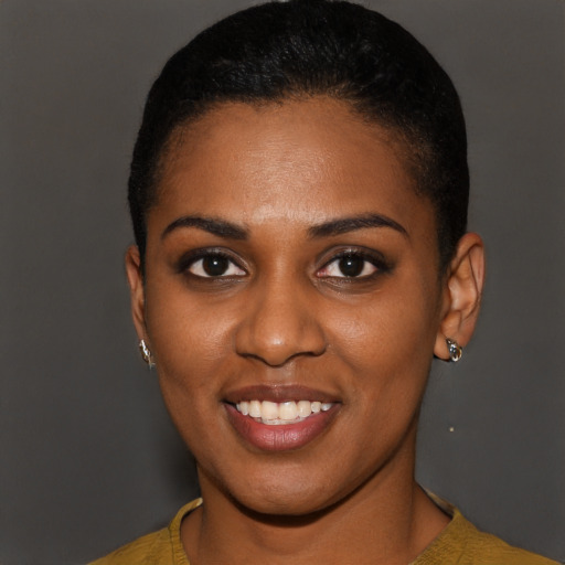 Joyful black young-adult female with short  black hair and brown eyes
