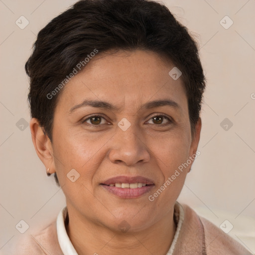 Joyful white adult female with short  brown hair and brown eyes