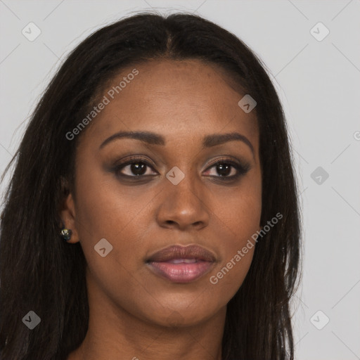 Joyful asian young-adult female with long  brown hair and brown eyes