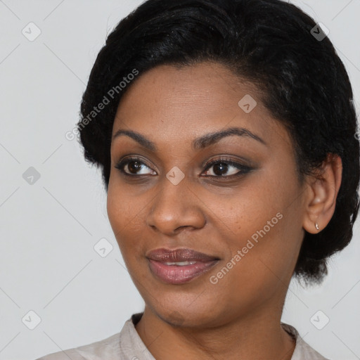 Joyful latino young-adult female with short  black hair and brown eyes