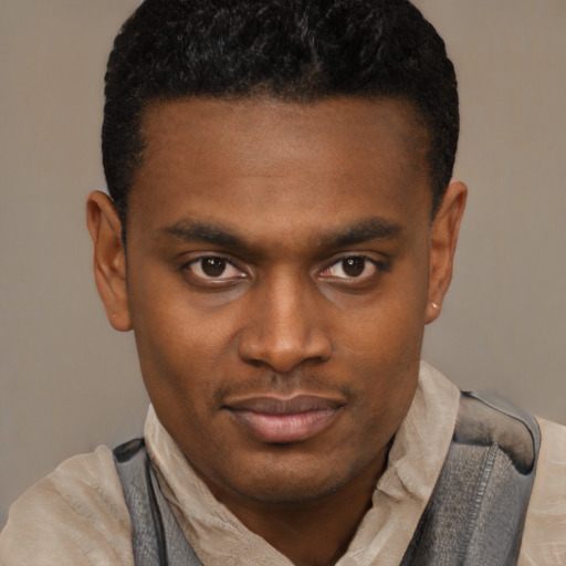 Joyful latino young-adult male with short  brown hair and brown eyes