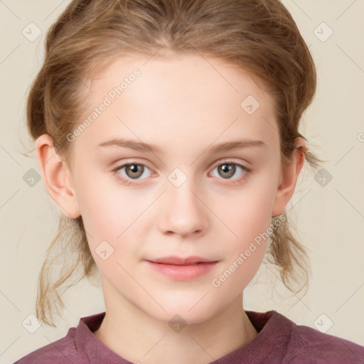 Joyful white child female with medium  brown hair and grey eyes