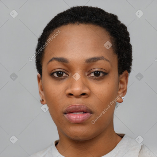 Neutral black young-adult female with short  black hair and brown eyes