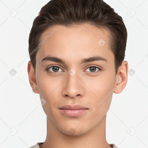 Neutral white young-adult male with short  brown hair and brown eyes