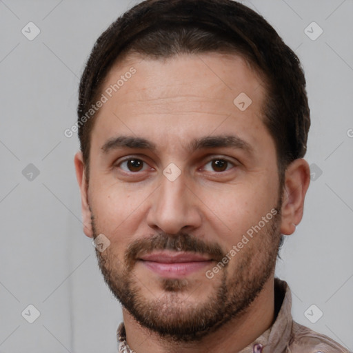 Joyful white young-adult male with short  brown hair and brown eyes