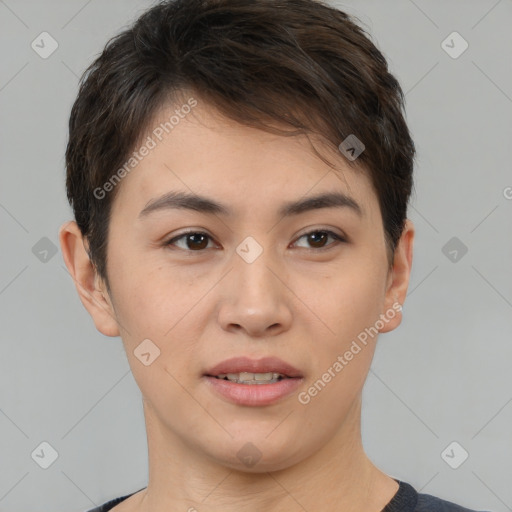 Joyful white young-adult female with short  brown hair and brown eyes