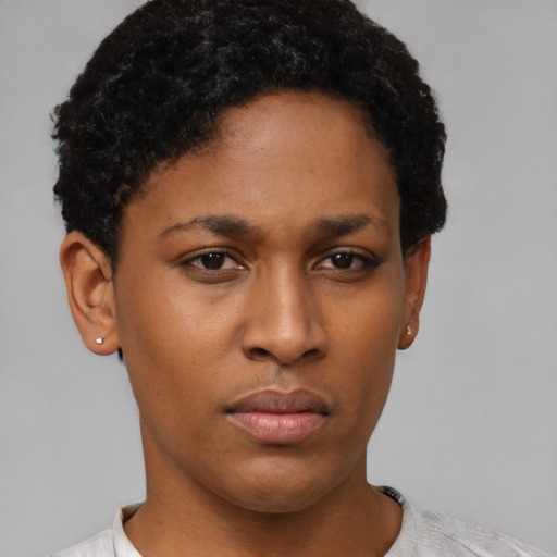 Neutral black young-adult female with short  black hair and brown eyes