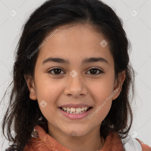 Joyful white child female with medium  brown hair and brown eyes