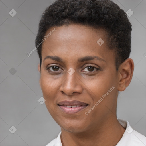 Joyful black young-adult female with short  brown hair and brown eyes