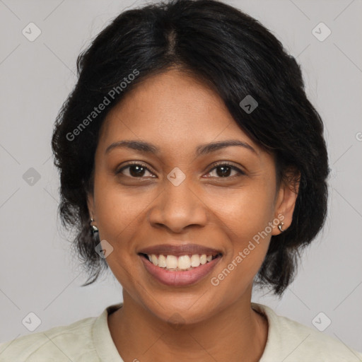 Joyful black young-adult female with medium  brown hair and brown eyes